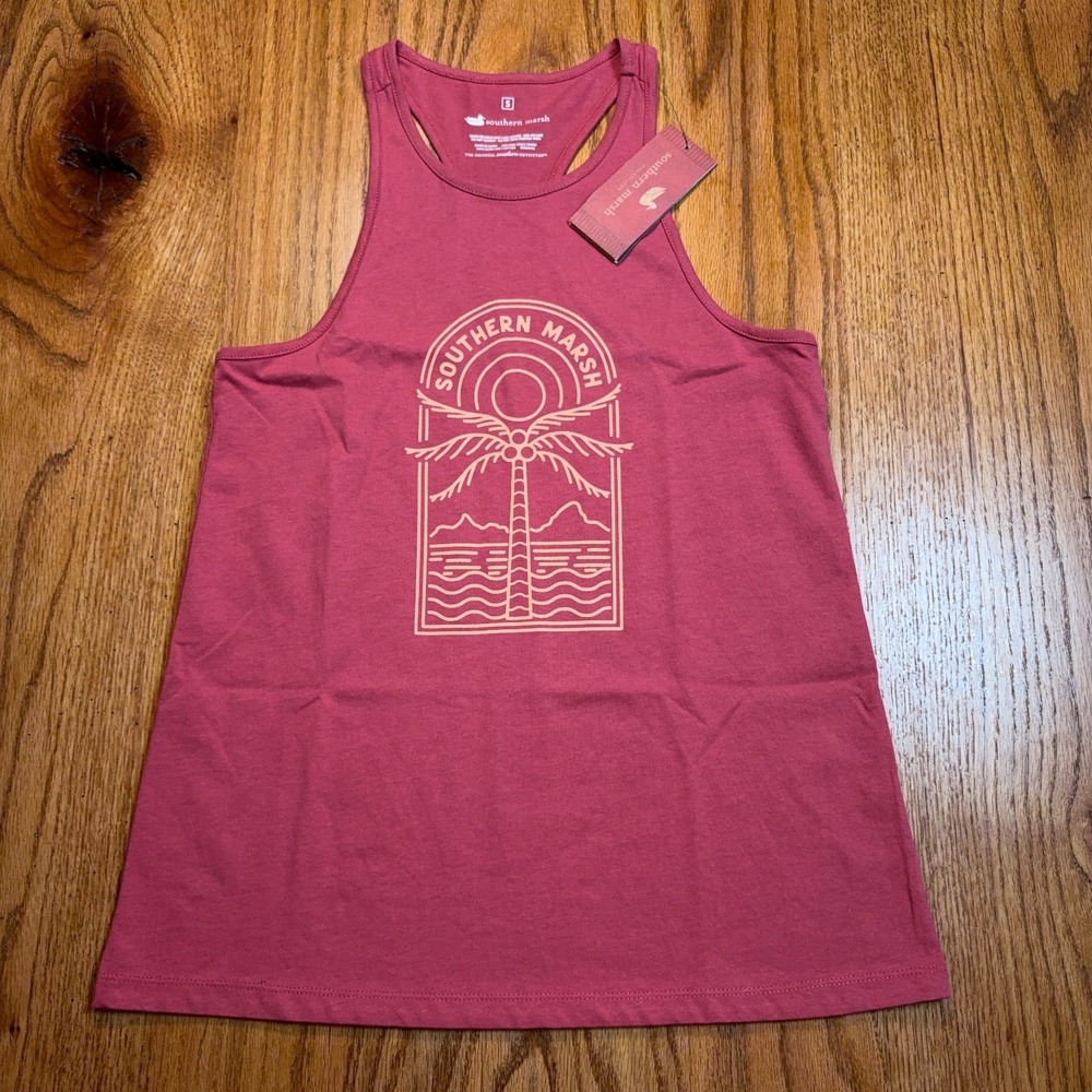 NWT Southern Marsh Logo Maui Racerback Tank Top Womens Small Palm Tree Maroon